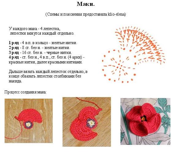 Как вязать крючком цветы маки схема и описание Как вязать крючком цветы маки схема и описание
